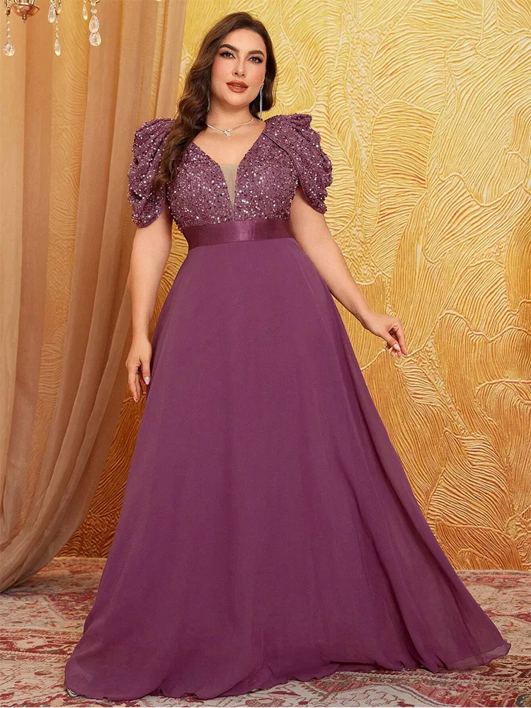 플러스 사이즈 V넥 퍼프 슬리브 스파클링 이브닝 원피스, 빅 사이즈 연꽃 핑크, 럭셔리 웨딩 연회 신부 들러리 무도회 가운, 4XL, 5XL