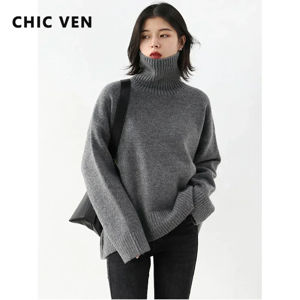 CHIC VEN 패션 여성 루즈핏 터틀넥 스웨터 따뜻한 솔리드 풀오버 니트웨어 베이직 여성 점퍼 가을 겨울 2025