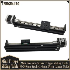 미니 정밀 스트로크 T 형 슬라이딩 테이블 50 ~ 300mm 스트로크 2-8mm 피치 선형 가이드 자동 잠금 NEMA17 0.28Nm 0.7Nm 스테퍼 모터
