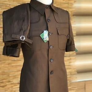 결혼식 파티를위한 갈색 비즈니스 남성 정장 턱시도 슬림 피트 반팔 정장 남성 (자켓 + 바지) 의상 옴므