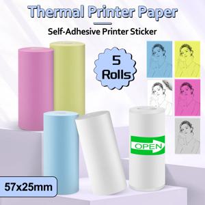 5 롤 열전 사 프린터 용지 57x25mm 미니 프린터 용지 용 범용 미니 인쇄 자체 접착 라벨 스티커 어린이 카메라
