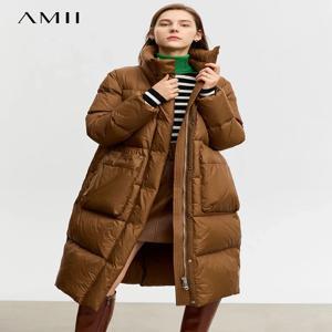 AMII 여성용 화이트 덕 다운 코트, 루즈 롱 다운 재킷, 여성 지퍼, 오피스 레이디, 빅 포켓 아우터, 12344107, 2023 겨울 신상