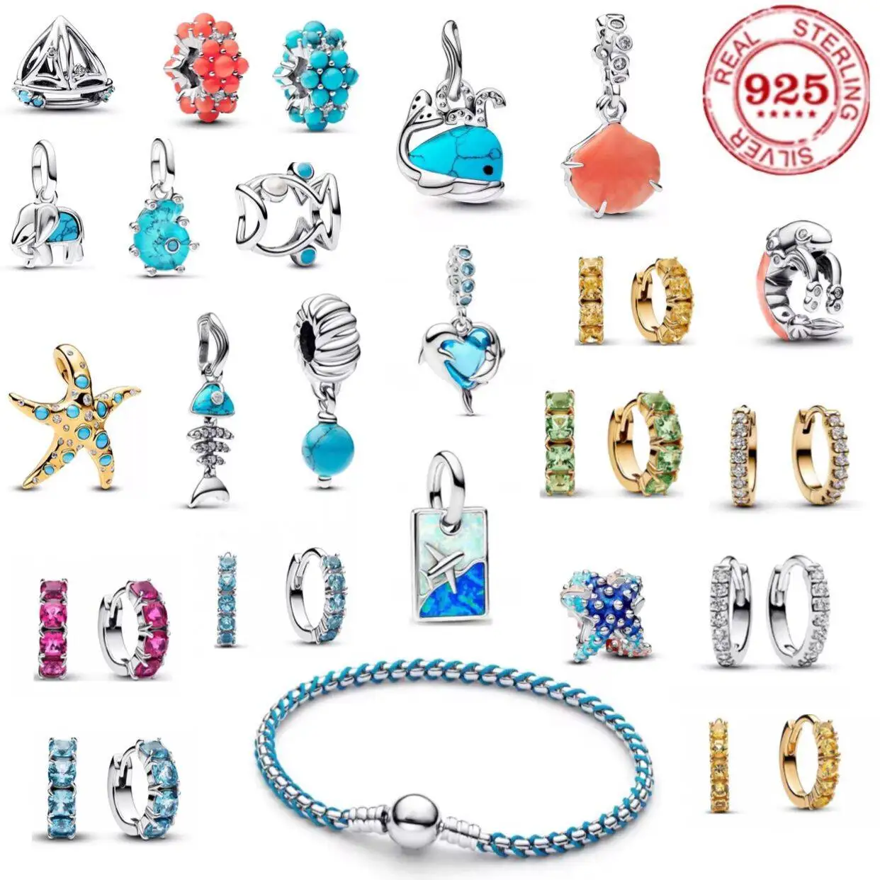 2025 신상 925% 스털링 실버 수중 세계 조개 불가사리 펜던트 스터드 귀걸이 오리지널 DIY 팔찌 여성용 주얼리