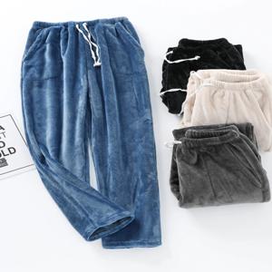 남성용 플란넬 잠옷 바지 겨울 두꺼운 따뜻한 양면 코랄 플리스 루즈핏 큰 사이즈 긴 바지 홈웨어 야외복