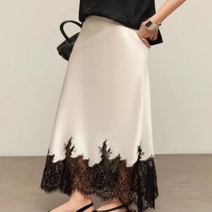미아 걸 우아한 새틴 롱 스커트 여성용 오버사이즈 레이스 패치워크 하이웨이스트 A라인 스커트 프렌치 스타일 여름 시크 레이디 스커트