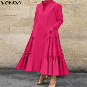 플러스 사이즈 VONDA 여성 프릴 맥시 롱 드레스 2024 캐주얼 솔리드 컬러 a 라인 셔츠 드레스 스탠드 칼라 긴 소매 파티 베스 티드