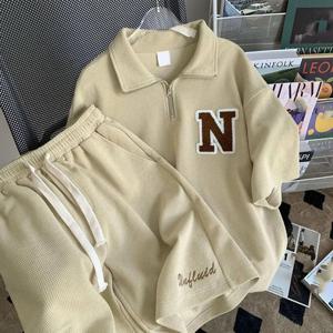 남녀공용 루즈 반팔 티셔츠 반바지, 레터 프린트 캐주얼 운동복, 와플 스포츠 세트, 조거 의상, 2 피스 세트, 여름