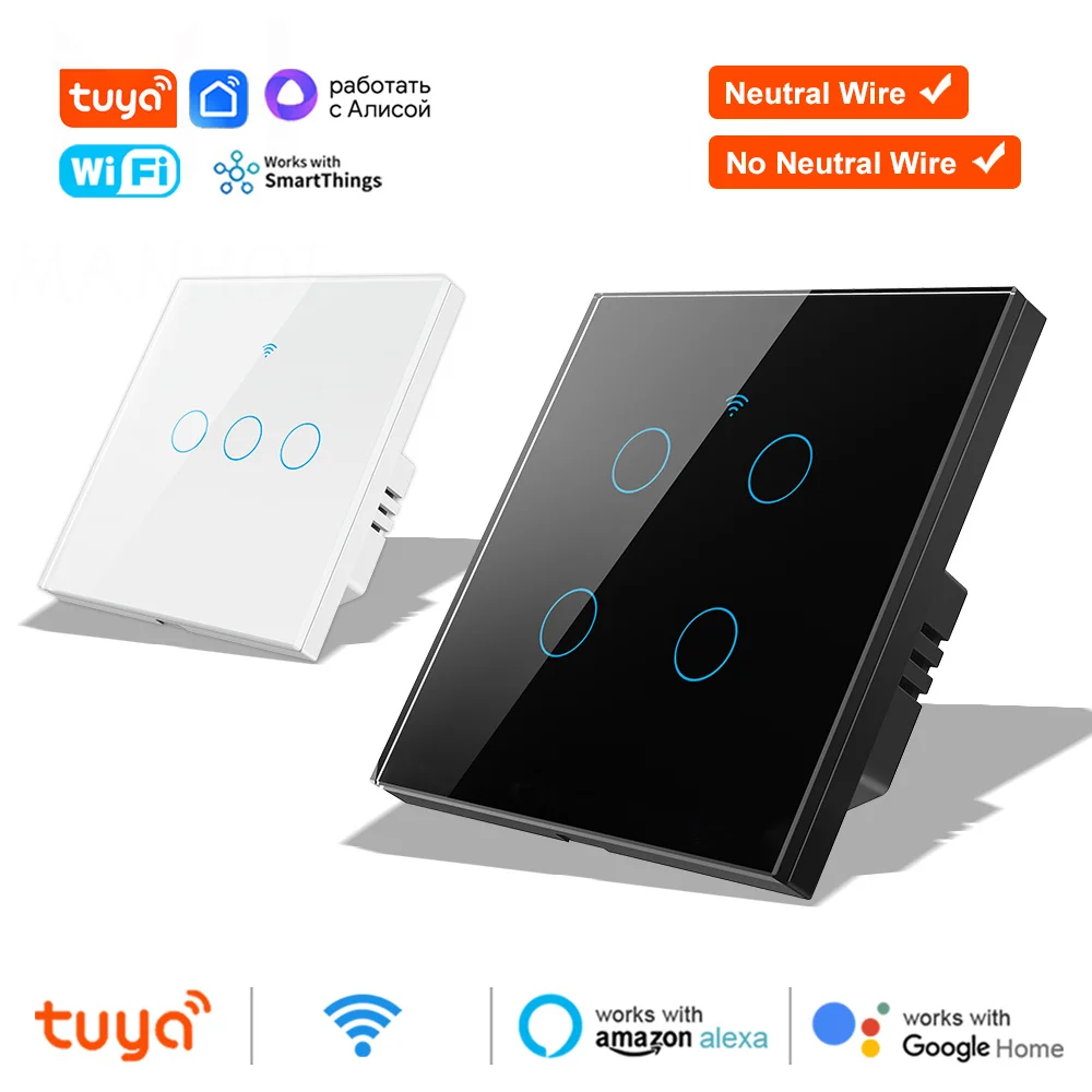 Tuya Wifi 스마트 라이트 스위치 중립 와이어 없음 터치 패널 EU 벽 스위치 무선 원격 제어 음성 제어 Alexa Google 홈