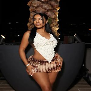 Kliou 여름 여성 미니 섹시한 메쉬 두 조각 세트 K23S37851 소녀 인쇄 Ruched 홀터 캐미솔 + 힙 스커트 복장 댄스 클럽 복장