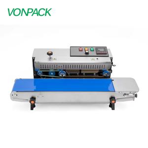 VONPACK FR-900 연속 스테인리스 밴드 실링기 수평형 공장 플라스틱 필름 식품 실러 (비상 정지 기능 포함)