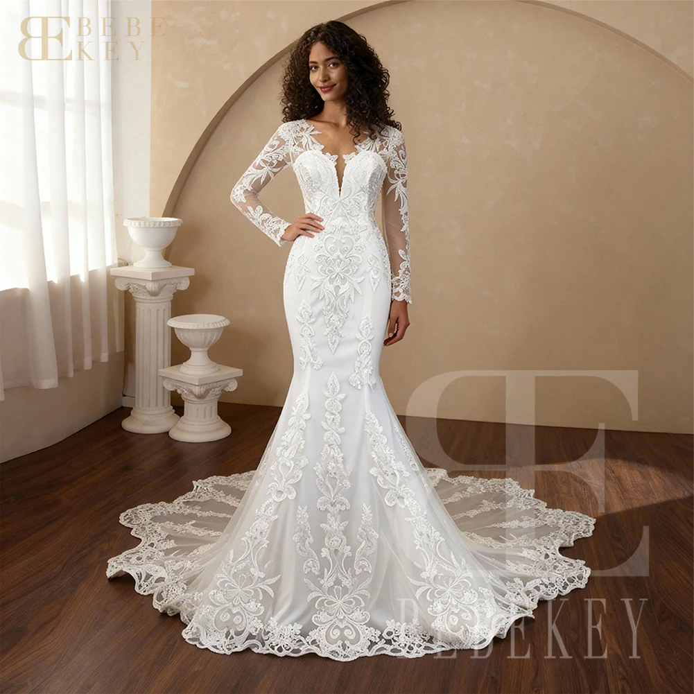 BEBEKEY 여성용 긴 소매 레이스 웨딩 드레스 채플 트레인이 있는 스쿠프 넥 신부 드레스 인어 웨딩 파티 가운