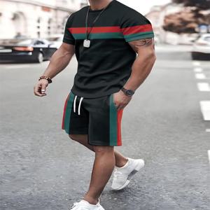 남성용 세트 라인 프린트 심플 스포츠 스플라이싱 트렌드 티셔츠, 루즈 캐주얼 세트 반팔 반바지, 여름 세트, 신제품