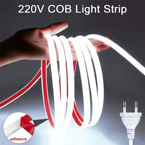 Led 스트립 조명 220V 고휘도 COB Led 스트립 IP65 방수 접착제 유연한 리본 룸 야외 정원 조명