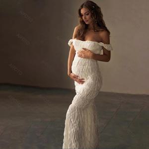 출산 드레스 사진 스튜디오 임신 가운 우아한 Pleated 맥시 스커트 매력적인 임신 여성 사진 세션 드레스