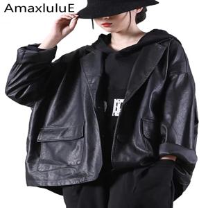 아맥스 룰루에 2025 가을 영국 디자이너 여성 블랙 인조 가죽 재킷 루즈 캐주얼 바이커 코트 여성 하라주쿠 PU 스트리트웨어
