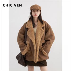 CHIC VEN 여성 인조 가죽 코트 싱글 브레스티드 루즈 캐주얼 신상 오토바이 수트 스웨이드 퍼 재킷 여성 탑 가을 겨울 2025
