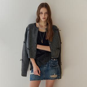 리본 포인트 레더 배색 라운드넥 가디건