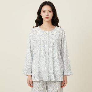 바풀 DYS SET 18363-2 중꽃 블루 꽃송이 여성 순면 잠옷 상하 얇은 아사면 파자마 상