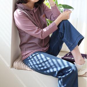 [쉬즈마담]T57295 스트라이프 조끼패턴 크림 후드티 60대 엄마옷