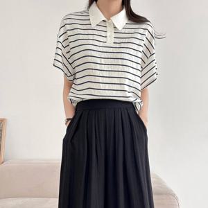 샵앤) 여성 카라넥 반오픈 단가라 텐셀 데일리 반팔 티셔츠 NYS-WSH-4400-블랙