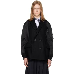 25 FW 사카이 여성 블랙 울 멜튼 트윌 퀼팅 코트 242445F057004