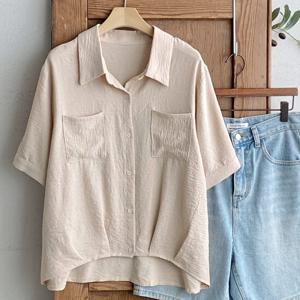 샵앤) 여성 카라넥 양포켓 앞핀턱 여름 반팔 블라우스 DGB-WBL-4462-연베이지