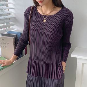 [샵앤]국산 밑단프릴 여성 라운드 가을 간절기 긴팔 주름 티셔츠 BLE-WSH-2828-퍼플
