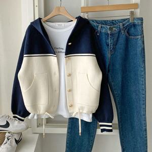 샵앤) 여성 단추 투톤 포켓 후드 점퍼 가디건 JR-WCD-4073-네이비