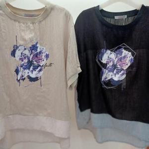 Latium HC06 엉덩이길이 품넉넉한 단가라 셔츠 배색 퍼플리쉬 라운드 반팔 언발 티블라우스 T2523ts18