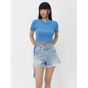 [스콰즈] 여자 허리끈 포인트 크롭 반팔 니트 티셔츠 SHBT003