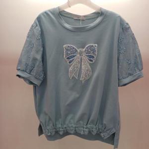 Destijl HC06 스판 뒤엉덩이길이 옆트임 큰리본 비즈 데일리 라운드 반팔 티 D2523ts07LB