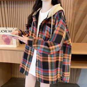 나바바 / NB2393 캐주얼 따뜻 체크 긴팔 기모 후드 셔츠