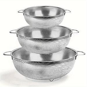 TEMU 3pcs 스테인리스 스틸 컬랜더 세트 - 터보 배수구 & 편안한 그립 핸들 포함 | 파스타, 채소, 쌀, 과일용 | 녹 방지, 식기세척기 안전 | 홈 셰프와 요리 준비를 위한 필수 주방 도구