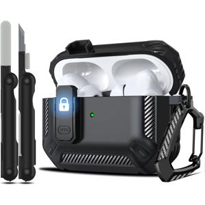 TEMU For AirPods Pro 2용 잠금 기능이 있는 탄소 섬유 케이스 - 충격 방지 하드 쉘 커버, 긁힘 방지, 청소 키트 포함 - 블랙, 레드, 노트, 그린, 블루로 제공