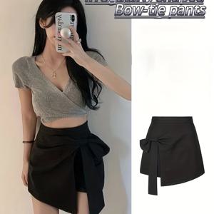 TEMU 여성용 우아한 A라인 비대칭 리본-허리펜슬스커트 - 구조화된 숏길이 포멀 & 세미폼얼드레스, 단색 블랙/다크그레이, 봄·여름·가을에 손세탁 가능, 캐주얼부터 정장까지의 모든 이벤트를 위한 베르사틸러브일즈투에번웨어, 클래식하고 트렌디한 맥시스커트 with포켓, 랩형원더먼츠케트|여름원피스