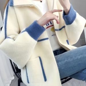 TEMU 여성용 포근한 지퍼업 재킷 - 따뜻한 긴 소매 주머니 포함, 크림색과 파란 줄무늬, 부드러운 폴리에스터 소재, 가을/겨울 아우터웨어에 완벽함, 귀여운 재킷