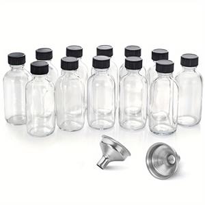 TEMU 12개입 2온스 투명 유리병 (뚜껑 포함) + 스테인리스 깔때기 세트 - 60ml 보스턴 라운드 샘플 바이알, 주스, 오일, 액체용 미니 여행 병, 분할 디스펜싱 병 - 누수 방지