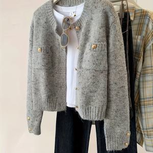 TEMU 여성용 우아한 그레이 가디건 스웨터 - 롱 슬리브 라운드넥 포켓 디자인, 미디엄 스트레치, 캐주얼 & 포멀 레이어링, 가을 겨울 착용|가디건