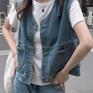 TEMU 여성 데님 베스트 루즈핏 숏 브이넥 조끼