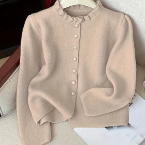 TEMU 여성용 프렌치 스타일 소프트 핑크 가디건 재킷 - 우아한 겨울 코트, 라운드 넥, 화이트 버튼 & 러플 트림, 가을/겨울용 세탁 가능 , 오피스부터 파티웨어 ( 코트)