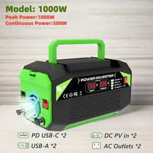 TEMU 1000W/500W 파워 인버터 DC 12V to AC 220V 차량용 전원 변환기, LCD 디스플레이 포함, 가정용, 야외용, RV & 캠핑용, 2개 EU 소켓 출력, USB 포트 x2, Type-C x2, PVC 입력 x2, RV 여행자, 로드 트립 필수품
