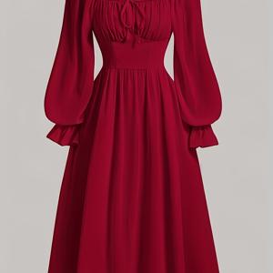 TEMU 플레인 컬러 스퀘어 넥 타이업 프런트 드레스, 우아한 롱슬리브 A라인 미디 드레스 (봄 & 가을), 여성 의류