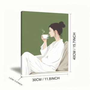 TEMU 2D 플랫, 1개 액자 캔버스 벽 예술 - 우유빛 녹색 배경의 우아한 여성이 커피를 마시는 아트 데코, 거실/침실/사무실용 준비된 걸이형 래핑 캔버스, 홈 장식에 이상적인 선물