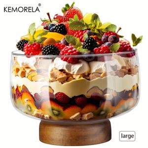 TEMU KEMORELA 우아한 나무 스탠드가 있는 대형 유리 케이크 보울 - 케이크, 샐러드, 디저트를 위한 다용도 서비스 트레이 | 견고하고 쉽게 청소할 수 있는 | 파티, 웨딩, 특별한 기념일, 웨딩 케이크 디스플레이 | 우아한 케이크 스탠드 | 견고한 유리 보울, 케이크 장식