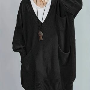 TEMU 플러스 사이즈, 여성용 오버사이즈 V넥 스웨터 코트 - 플러스 사이즈 루즈핏 롱라인 스웨터 재킷, 가을/겨울용 부드럽고 따뜻한 겨울 코트, 세탁기 사용 가능한 블랙 스웨터 (드라이클리닝 금지) - 우아한 캐주얼 & 포멀 웨어