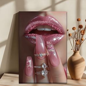 TEMU 1pc 재사용 가능한 클래식 직사각형 캔버스 그림, 프레임 없음, 반지가 있는 핑크 입술, 추상 아트, 거실, 도서관, 사무실, 카페, 바, 데이, 부활절, 생일, 휴일 선물