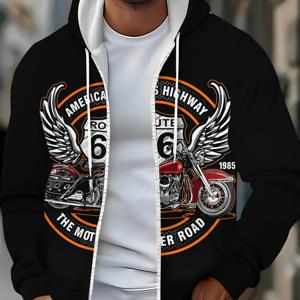 TEMU 남성용 모터사이클 그래픽 후디 - '아메리카 ' 디자인 이글 및 모터사이클 프린트, 블랙 지퍼업 스웨트셔츠, 캐주얼 아웃도어웨어, 봄/가을, 드로스트링 후드, 포켓, 모터사이클 라이딩 기어