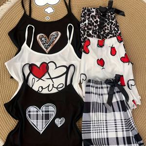 TEMU 청소년 여아 패션 캐주얼 하트 프린트 랜덤 발송 1피스 탱크탑 & 반바지 파자마 세트, 청소년용