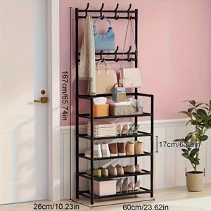 TEMU 블랙/화이트 다층 철제 신발 정리대, 탈부착 가능한 후크 포함, 2가지 옵션 제공, 3-in-1 메탈 입구 신발 및 모자 거치대, 다양한 장소에 적합한 옷·신발·가방 보관용