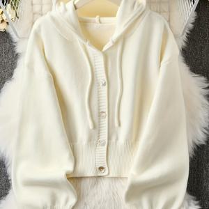 TEMU 여성용 루즈핏 후드 스웨터 재킷 - 버튼업 가디건, 리브드 커프스 디자인, 포근한 가을 겨울 캐주얼 아우터웨어, 우아한 스페셜 콜렉션, 귀여운 니트웨어, 고품질 니트, 세련된 여성 패션